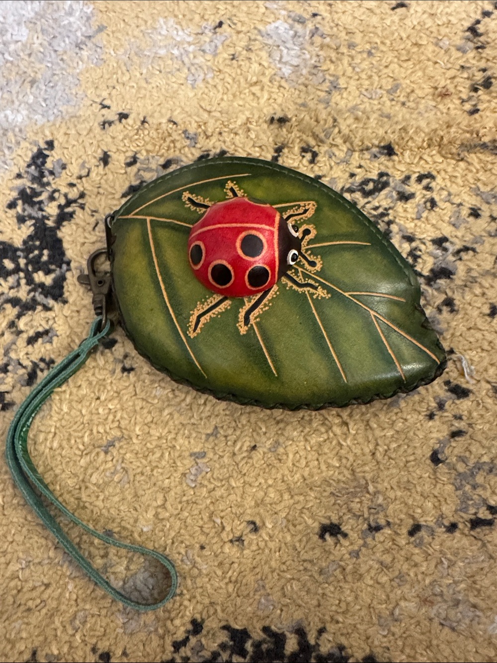 Handmade leather Ladybug Leaf Wristlet Coin Purse